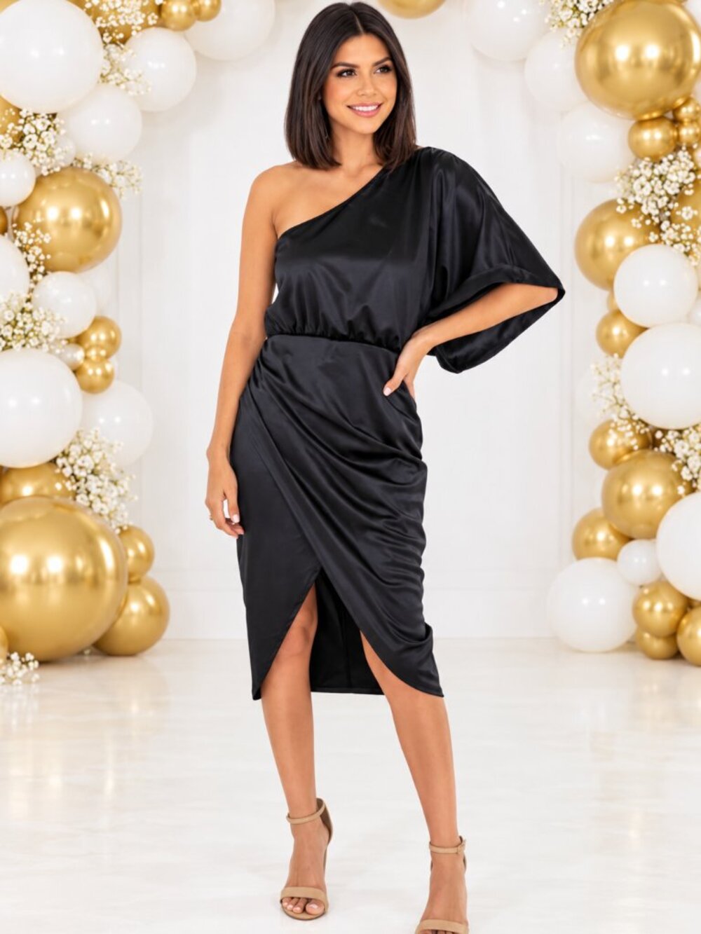 Pink Lily Black Satin One Shoulder Midi Dress S Wedding Guest Cocktail New